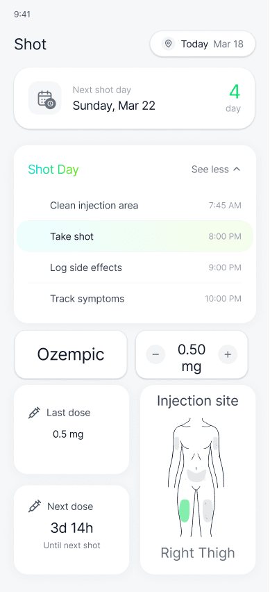 Ozera Shot tracking screen with injection schedule and body site rotation